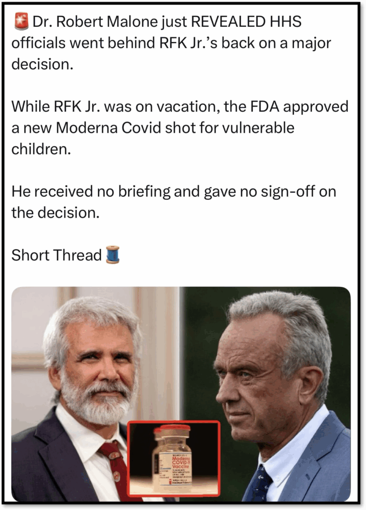 La imagen muestra al Dr. Robert Malone a la izquierda y RFK Jr. a la derecha, ambos en trajes. Un recuadro muestra un vial etiquetado "Vacuna moderna Covid-19." Text analiza una decisión de la FDA tomada mientras RFK Jr. estaba de vacaciones.