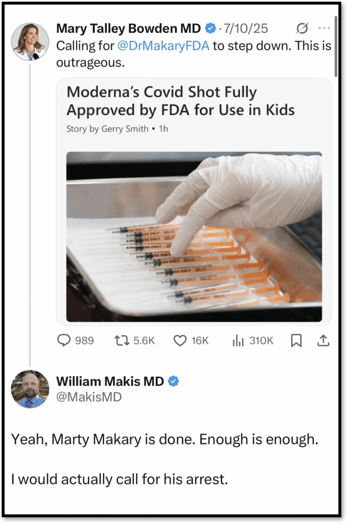 Un tweet de Mary Talley Bowden comparte noticias de que Covid Shot de Moderna está aprobado por la FDA para los niños, pidiendo que el Dr. Makary FDA renuncie. William Makis responde, sugiriendo que el Dr. Makary debería ser arrestado.