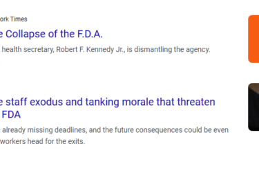 Screenshot showing two news articles: One from The New York Times titled "Inside the Collapse of the F.D.A." with an orange illustration, and another from STAT titled "Inside the staff exodus and tanking morale that threaten Makary's FDA" with a man speaking at a podium.