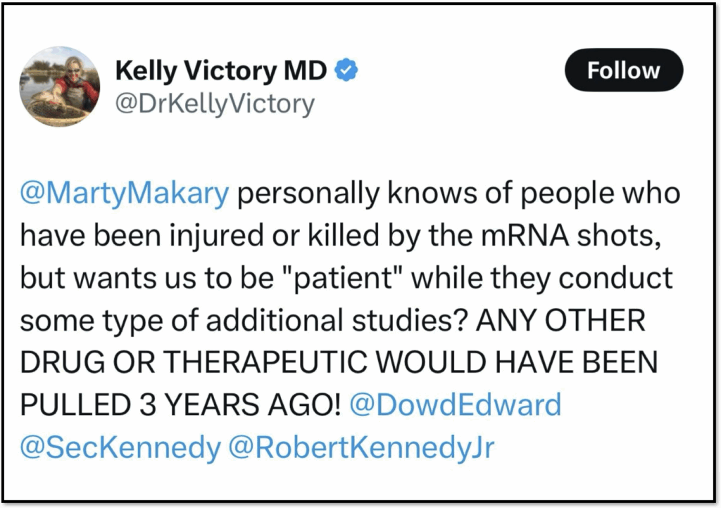 Un tweet de @drkellyvictory afirma que las personas han sido heridas o asesinadas por disparos de ARNm y critican estudios continuos en lugar de eliminar la droga, etiquetando @Dowdedward, @seckennedy y @Robertkennedyjr.