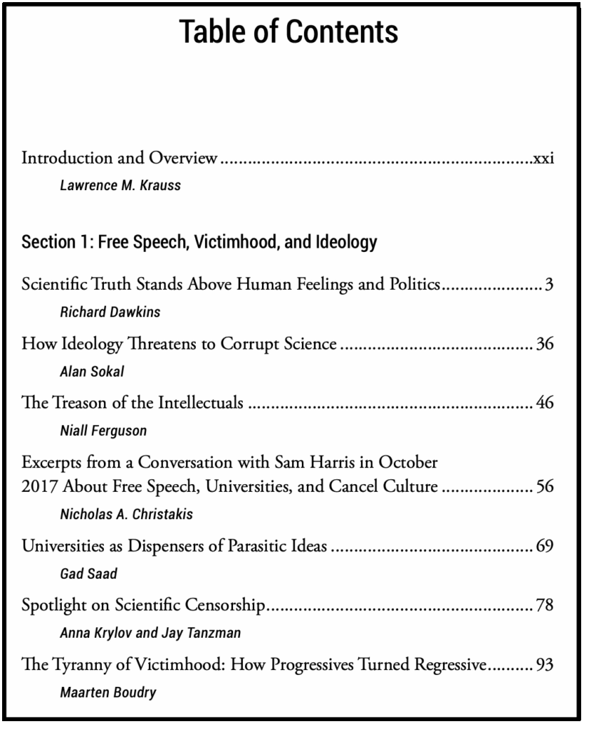 Table of contents page listing sections and chapter titles with author names, including topics on free speech, ideology, scientific truth, corruption, and victimhood culture.