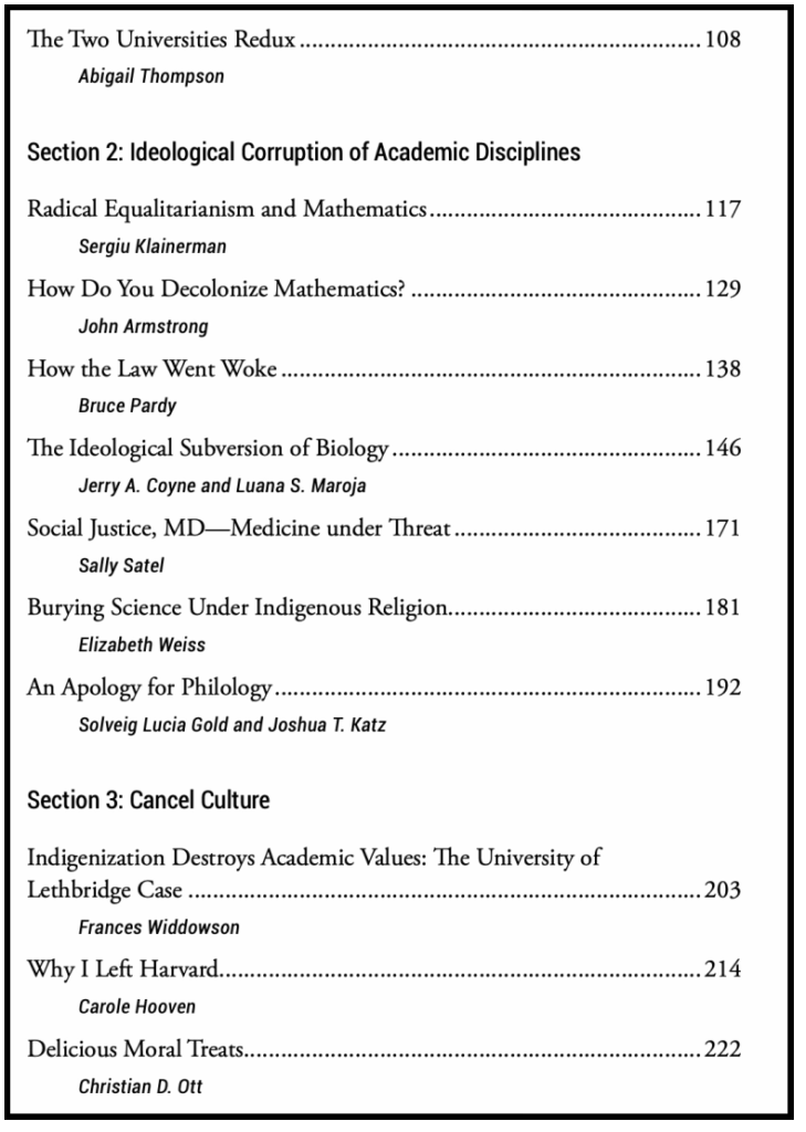 Table of contents showing section titles and article names. Section 2 is "Ideological Corruption of Academic Disciplines" and Section 3 is "Cancel Culture," with various articles and authors listed under each.