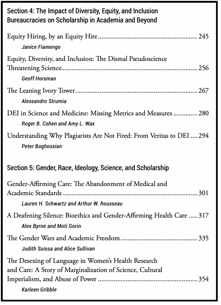 A table of contents listing articles in Sections 4 and 5 of a publication, covering topics like diversity in academia, DEI in science, plagiarism, academic freedom, bioethics, and the study of language and power.