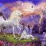 A magical scene with several white unicorns in a vibrant, colorful landscape featuring waterfalls, flowers, a sparkling river, distant mountains, and a grand castle under a glowing sky with birds flying overhead.