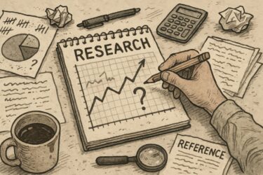 A hand draws a rising graph with a question mark in a notebook labeled "RESEARCH" on a cluttered desk with charts, a calculator, crumpled papers, coffee, a magnifying glass, and a "REFERENCE" card.