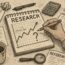 A hand draws a rising graph with a question mark in a notebook labeled "RESEARCH" on a cluttered desk with charts, a calculator, crumpled papers, coffee, a magnifying glass, and a "REFERENCE" card.
