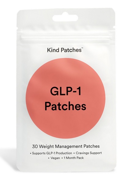 A white pouch labeled "Kind Patches" with a large red circle and the text "GLP-1 Patches." Below, it says "30 Weight Management Patches," "Supports GLP-1 Production," "Cravings Support," "Vegan," and "1 Month Pack.