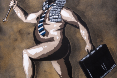 A satirical painting of a nude man wearing a judge’s wig, crown, and tie, holding a scepter and a briefcase, striding confidently against a brownish background.