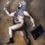 A satirical painting of a nude man wearing a judge’s wig, crown, and tie, holding a scepter and a briefcase, striding confidently against a brownish background.