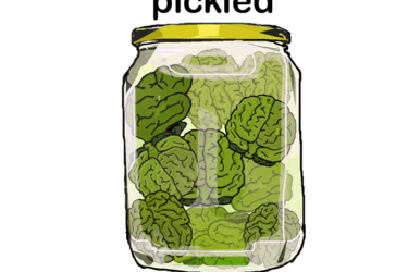 A glass jar filled with pickled brains, labeled "pickled" at the top. The jar has a yellow lid and the green brains resemble pickles inside the jar.