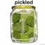 A glass jar filled with pickled brains, labeled "pickled" at the top. The jar has a yellow lid and the green brains resemble pickles inside the jar.