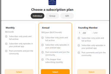 Subscription plan options for Sensible Medicine: Monthly at $8, Annual at $80, and Founding Member at $250 per year. Each option lists benefits like subscriber-only posts and community features.