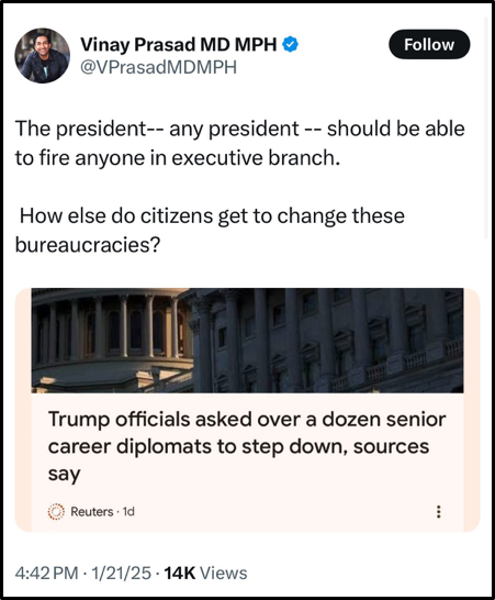 A tweet by Vinay Prasad discusses presidential power to fire executive branch officials, with a linked Reuters article headline about Trump officials asking senior career diplomats to step down, and a building image in the background.