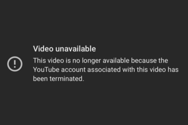 A YouTube error message on a dark background reads: "Video unavailable. This video is no longer available because the YouTube account associated with this video has been terminated.