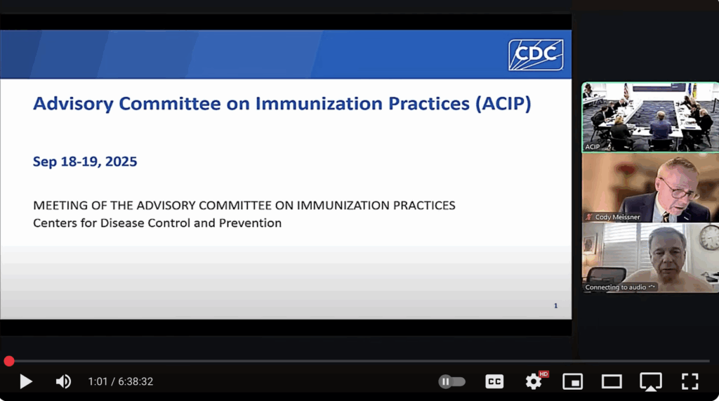 A CDC virtual meeting screen shows the Advisory Committee on Immunization Practices presentation, with three presenters’ video feeds on the right and presentation details in the center. Control icons are at the bottom.