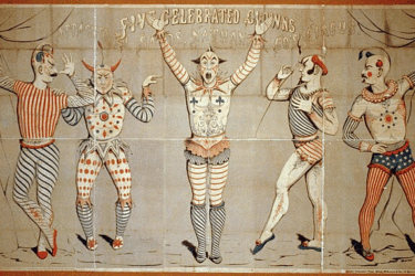 Vintage circus poster showing five clowns in elaborate, colorful costumes with face paint, striking playful poses against a backdrop that reads "Five Celebrated Clowns.