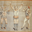 Vintage circus poster showing five clowns in elaborate, colorful costumes with face paint, striking playful poses against a backdrop that reads "Five Celebrated Clowns.
