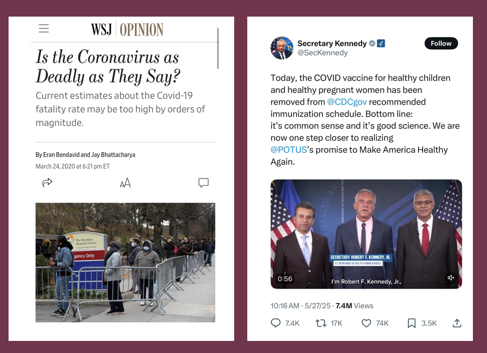 Composite image: On the left, a WSJ Opinion article titled “Is the Coronavirus as Deadly as They Say?” with a photo of people in a line outside. On the right, a tweet with a video about Covid vaccines from “Secretary Kennedy.”.