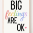 A framed sign with the words "BIG feelings ARE OK" in bold black and pastel rainbow letters, with a pink heart next to "OK" on a white background.