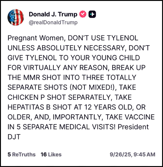 A tweet from Donald J. Trump warns pregnant women and parents against Tylenol, giving Tylenol to young children, and mixing vaccines. He advises spacing out vaccines into five separate medical visits. Dated 9/26/25, 9:45 AM.