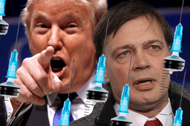 A man in a suit points and speaks animatedly while another man looks serious. Multiple large medical syringes are superimposed over the image in the foreground.