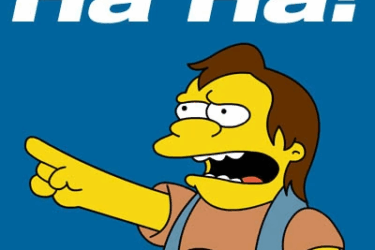 Cartoon character with yellow skin and brown hair points and laughs, with "Ha Ha!" in large white letters above on a blue background.