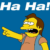 Cartoon character with yellow skin and brown hair points and laughs, with "Ha Ha!" in large white letters above on a blue background.