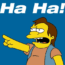 Cartoon character with yellow skin and brown hair points and laughs, with "Ha Ha!" in large white letters above on a blue background.