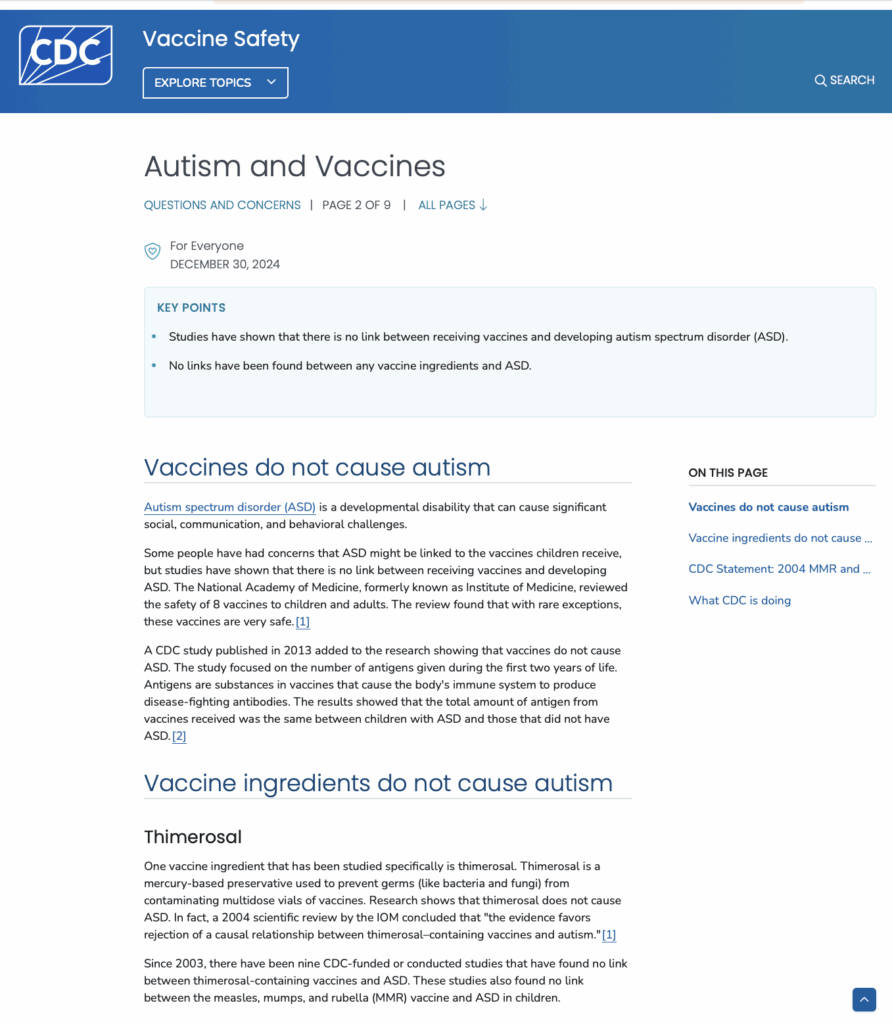 CDC on vaccines and autism before November 19, 2025.