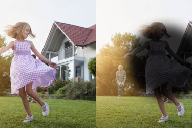 Split image: Left shows a young girl twirling on grass with clear vision labeled "Normal Vision." Right shows same scene with a dark blurry spot in the center, labeled "Macular Degeneration.