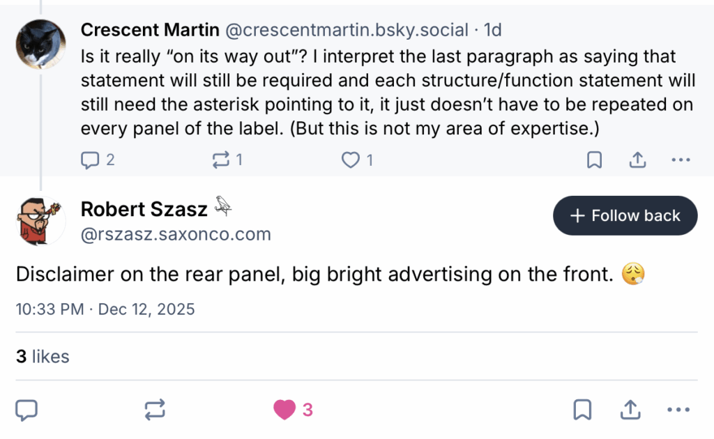 A Twitter exchange: Crescent Martin questions a labeling regulation, suggesting disclaimers may still need an asterisk. Robert Szasz replies, "Disclaimer on the rear panel, big bright advertising on the front," with a thinking face emoji.