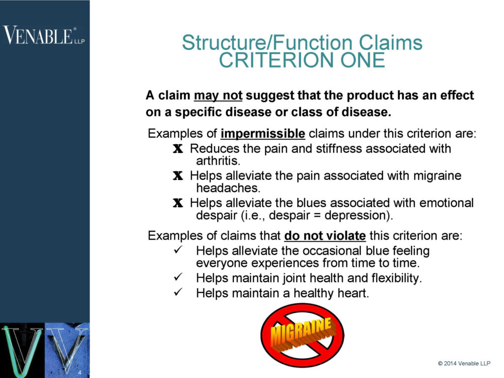 A slide from Venable LLP about Structure/Function Claims Criterion One, listing impermissible claims about disease effects, and acceptable claims about general wellness, with related icons.