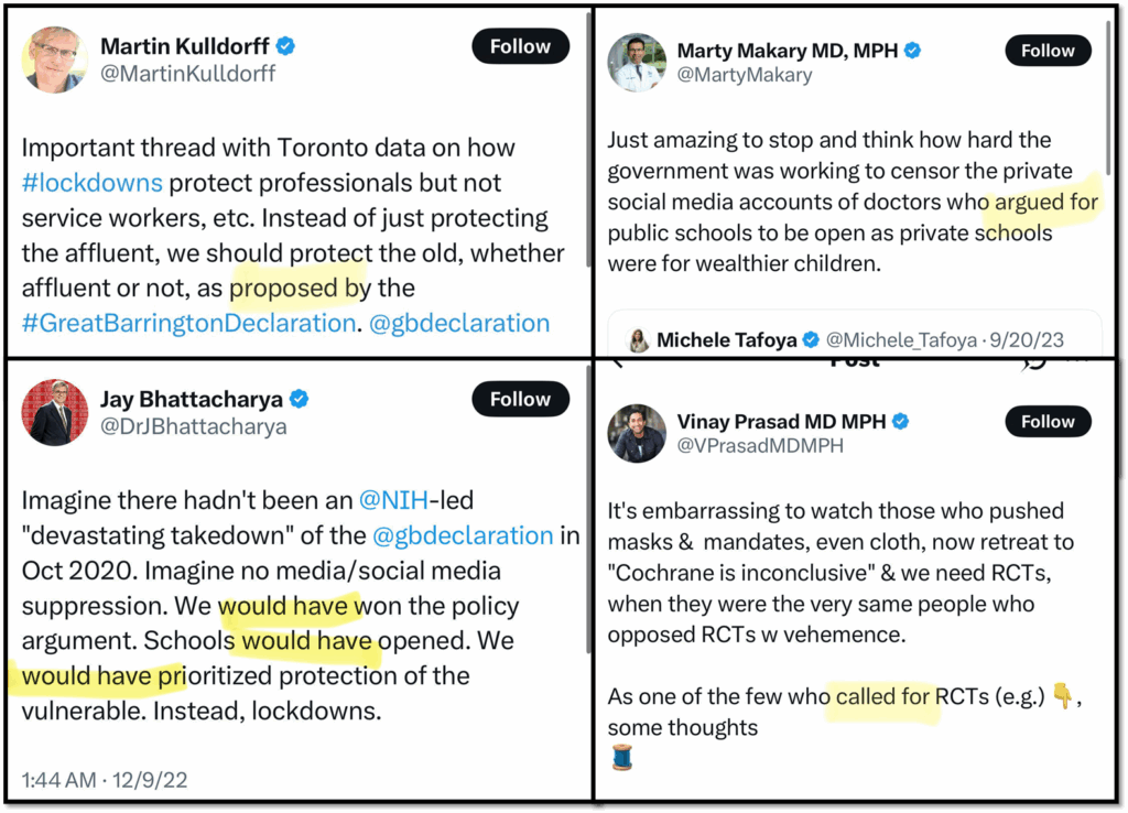 A collage of four Twitter posts by different users, discussing skepticism about COVID-19 lockdowns and related policies, highlighting issues with research methods and the need for randomized controlled trials (RCTs).