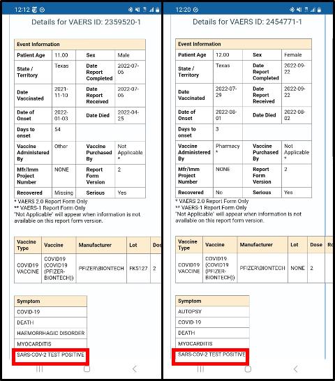 Two screenshots from the VAERS database display vaccine adverse event details for two patients. Both lists include "SARS-COV-2 TEST POSITIVE" highlighted in red under the reported symptoms section.