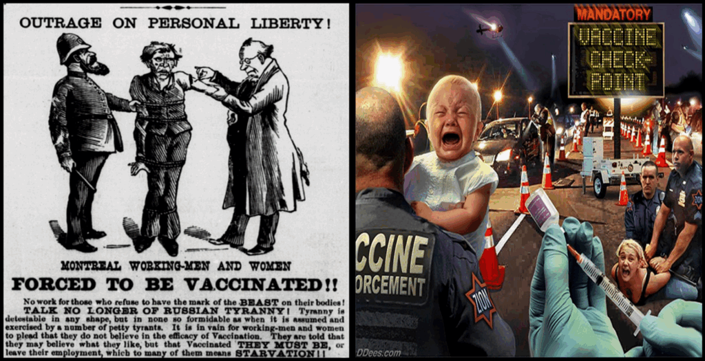A split image: Left side shows an old cartoon of people objecting to forced vaccination; right side depicts police enforcing vaccinations at a checkpoint, with a nurse vaccinating a crying baby as distressed people look on.