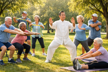 A group of elderly adults exercises together outdoors in a park, following an instructor in white practicing tai chi. Some participants squat or stretch, all smiling and appearing engaged in the activity. Trees and grass are in the background.