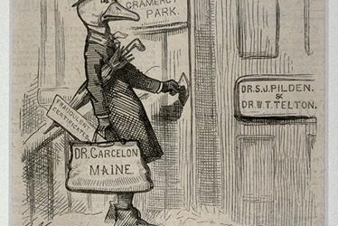 Cartoon of a duck in a suit and top hat carrying signs for fake doctors and entering a door labeled with doctors’ names, satirizing medical quackery. Text below reads: “Quacks of a Feather.”.
