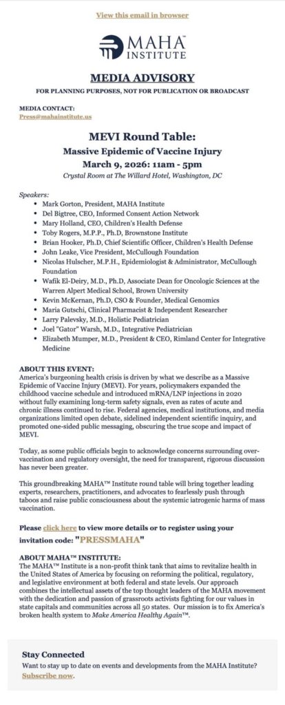 MAHA Institute media advisory for a March 9, 2024 round table in Washington, DC on "Massive Epidemic of Vaccine Injury", listing speakers, event description, and a stay connected section at the bottom.
