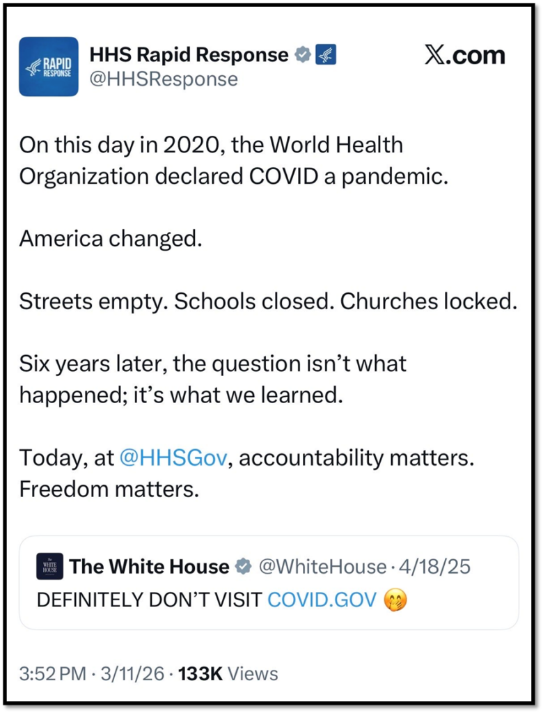 A social media post by HHS Rapid Response reflects on the 2020 COVID-19 pandemic declaration, describing empty streets and closed institutions. It stresses accountability and includes a shared White House tweet about COVID resources.
