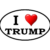 An oval bumper sticker with the text "I" followed by a red heart symbol and the word "TRUMP" in bold black letters, on a white background with a black border.