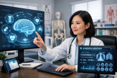 A doctor interacts with a futuristic digital brain image on a screen. Another monitor shows AI medical assistant data with diagnostics and x-ray images. Medical devices and a skeleton model are visible in the background.