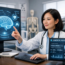 A doctor interacts with a futuristic digital brain image on a screen. Another monitor shows AI medical assistant data with diagnostics and x-ray images. Medical devices and a skeleton model are visible in the background.
