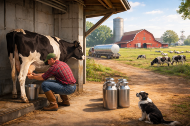 A farmer in boots and a cap milks a black-and-white cow by hand outside a barn, with a dog watching and large milk cans nearby. In the background, cows graze near a red barn and a silo on a sunny day.