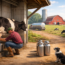 A farmer in boots and a cap milks a black-and-white cow by hand outside a barn, with a dog watching and large milk cans nearby. In the background, cows graze near a red barn and a silo on a sunny day.