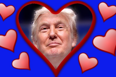 A portrait of Donald Trump is centered inside a large red heart shape, with several smaller red hearts around him on a blue background.