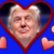 A portrait of Donald Trump is centered inside a large red heart shape, with several smaller red hearts around him on a blue background.