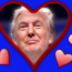 A portrait of Donald Trump is centered inside a large red heart shape, with several smaller red hearts around him on a blue background.
