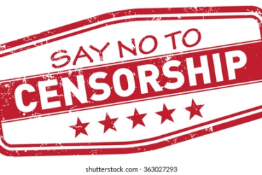 A red, distressed rubber stamp graphic with the words "SAY NO TO CENSORSHIP" and five stars beneath the text.