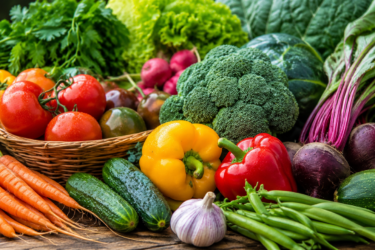 A colorful assortment of fresh vegetables, including carrots, cucumbers, tomatoes, bell peppers, broccoli, radishes, garlic, green beans, lettuce, kale, and spinach, arranged on a wooden surface outdoors.