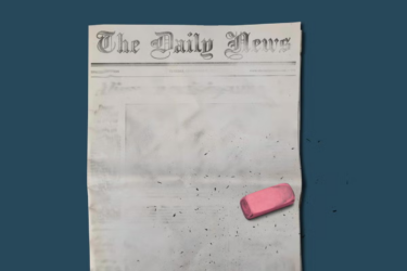 A newspaper titled "The Daily News" appears faded and partially erased, with a pink eraser beside it, leaving eraser shavings on the paper against a blue background.